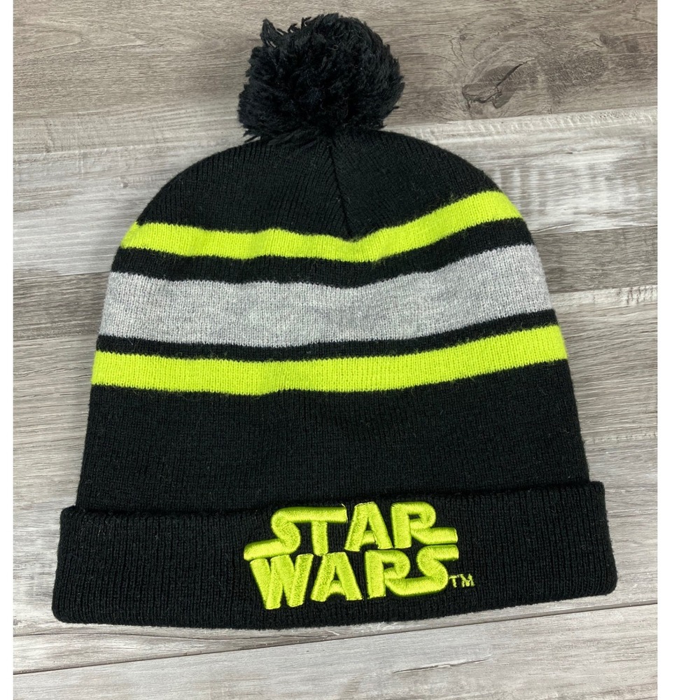 Star Wars Beanie Hat Black Neon Green Striped Pom Pom Logo Berkshire OSFM